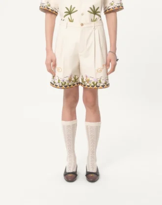 Bermudashorts aus Baumwollcanvas mit Blumenstickerei und Jacquardbesatz