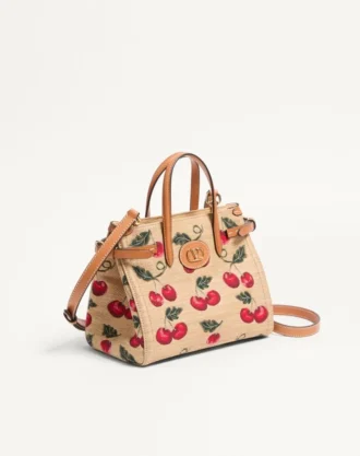 Valentino Garavani Antibes Kleine Einkaufstasche aus Jacquard-Raffia mit Cherryfic-Muster