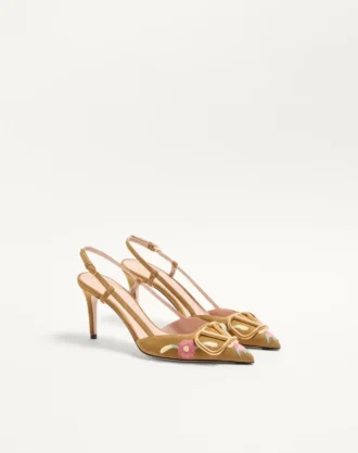 VLogo Signature Slingback-Pumps aus Crust-Leder mit Blumenstickerei, 80 mm